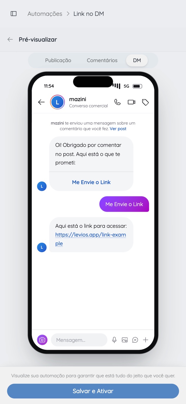 Pré-visualização da automação no direct do Instagram
