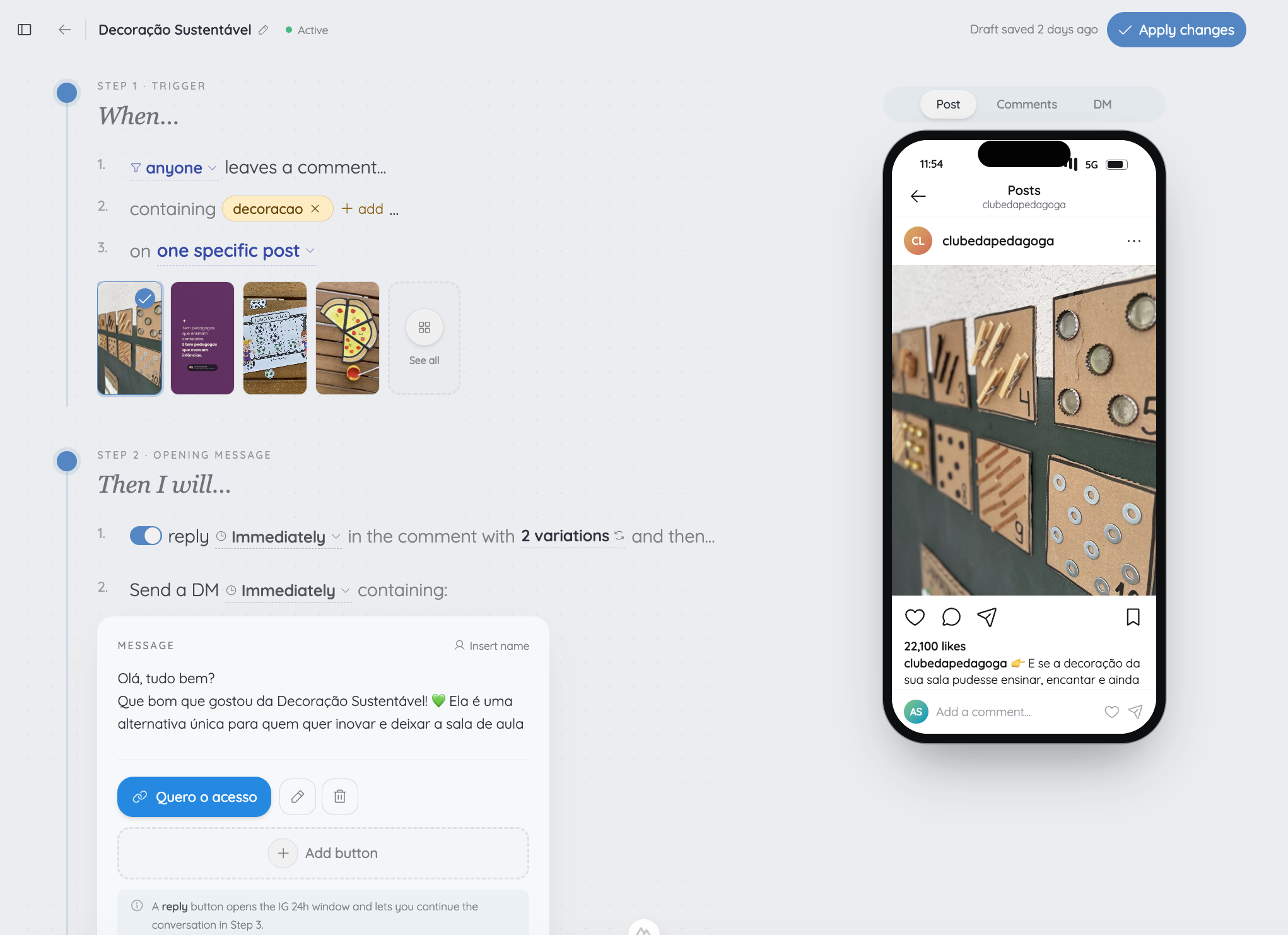 levios builder with sentence-based automation, post picker, and phone preview alongside